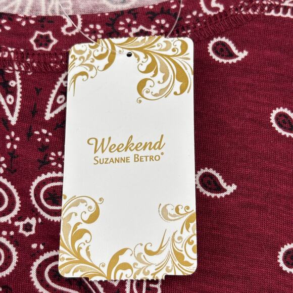 Weekend Suzanne Betro Blouse 1X Red Paisley Bandana Print Tie Sleeve Stretch - Picture 9 of 13